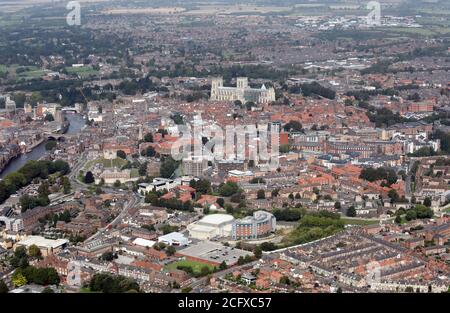aerial view of York city skyline with York Barbican events centre in the foreground, Yorkshire, UK Stock Photo