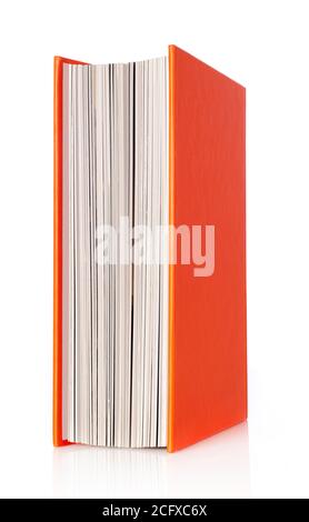 Book pages inside a orange book, white background Stock Photo