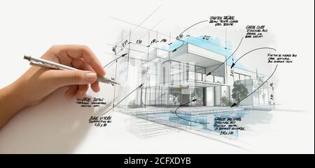 3D rendering of a modern  high end architecture project with a hand sketching and drafting Stock Photo