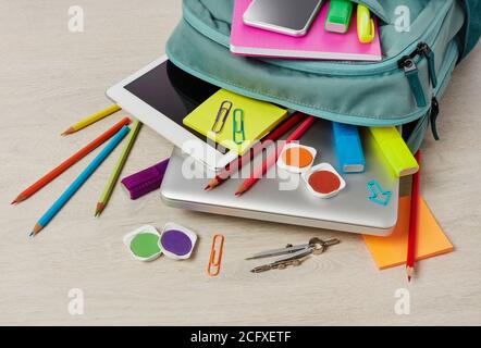 Close-up of backpack with school supplies Stock Photo