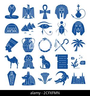 Egypt silhouette icons set in flat style. Traditional symbols including pharaoh, pyramids, sphinx. Vector illustration. Stock Vector