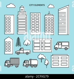 City elements set in thin line style. Collection of urban symbols - buildings, cars and trees isolated on white Stock Vector