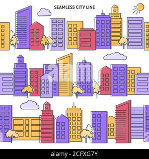 Seamless city skyline with trees and clouds in thin line style. 3 repeatable street versions. Templates for background, border or divider. Stock Vector