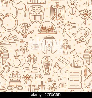 Egypt seamless pattern in thin line style. Repeating background with traditional country symbols. Vector illustration. Stock Vector