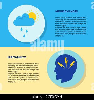 Neurological or psychological problems banner templates in flat style with place for text. Mood change and irritability concept symbols. Medical illus Stock Vector