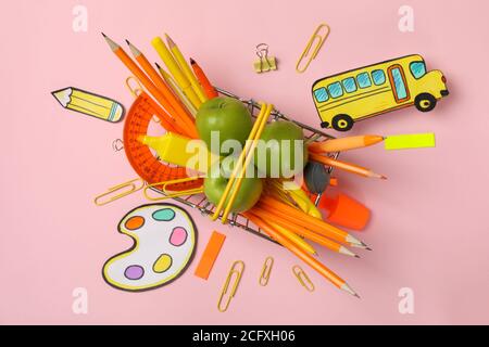 Composition with school supplies on pink background, top view Stock Photo