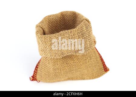 Empty burlap bag or sack to be filled in isolated on white background Stock Photo