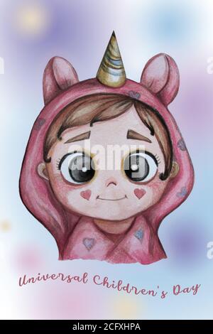 World Childrens Day. Vertical greeting card with a cute baby in pink unicorn pajamas. Watercolor hand drawing. Happy childrens day poster. Stock Photo