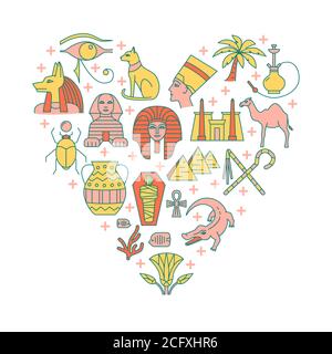 Banner with Egypt icons in colored line style. National symbols including pharaoh, Sphinx and pyramids. Vector illustration. Stock Vector