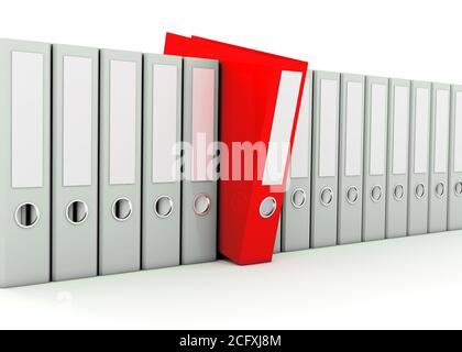 Red folder standing out from a lot of gray folders, white background Stock Photo