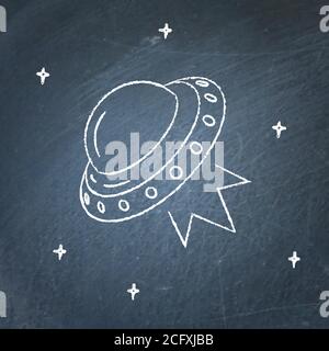 Ufo spaceship icon on chalkboard. Flying saucer symbol - chalk drawing. Stock Vector