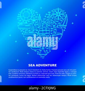 Sea adventure concept banner or poster template in line style with ships and nautical symbols. Marine travel and vacation illustration with place for Stock Vector