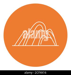 Hill icon in thin line style. Outline mountain symbol in round frame. Stock Vector