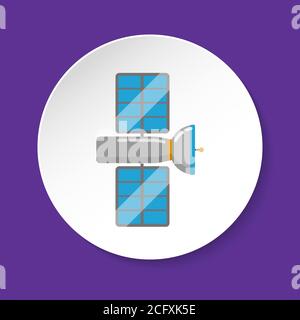 Satellite icon in flat style on round button. Space station symbol isolated on white background. Stock Vector