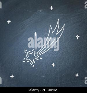 Comet icon on chalkboard. Shooting star symbol - chalk drawing. Meteorite sign on blackboard. Stock Vector
