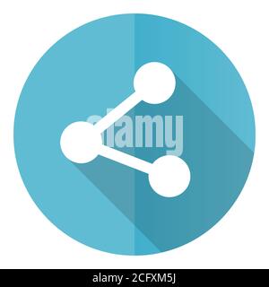 Share vector icon, flat design blue round web button isolated on white background. Stock Vector