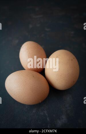 3 chicken fresh eggs laid at home farm Stock Photo
