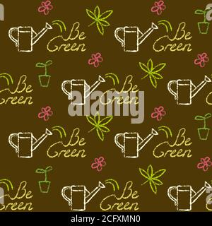 Seamless pattern with Be Green lettering. Ecology themed repeating texture. Stock Vector