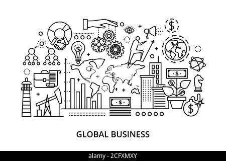 Modern flat thin line design vector illustration, concept of global business process and finance success in the world, for graphic and web design Stock Vector