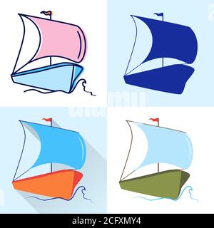 Boat icon set in flat and line styles. Sea transport illustration. Sailing ship symbol isolated. Stock Vector