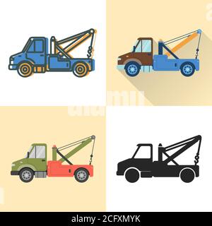 Tow truck icon set in flat and line styles. Recovery vehicle illustration. Transportation symbol isolated on white. Stock Vector