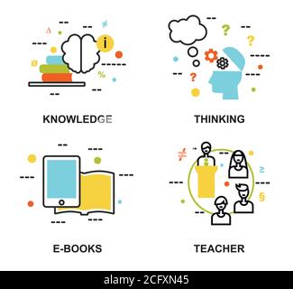 Modern flat thin line design vector illustration, set of education concepts, knowledge, thinking process, e-books and teachers, for graphic and web de Stock Vector