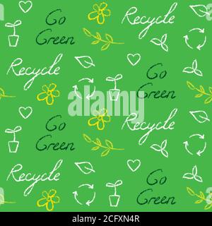 Ecology seamless pattern with Recycle and Go Green lettering and eco symbols Stock Vector