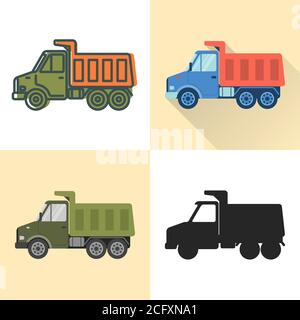 Dump truck icon set in flat and line styles. Cargo vehicle illustration. Transportation symbol isolated on white. Stock Vector