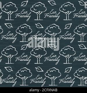 Chalkboard green seamless pattern with Eco Friendly lettering and tree icons. Ecology themed repeating texture on blackboard. Stock Vector