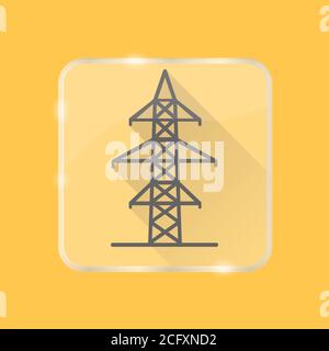 High voltage power line transmission tower silhouette icon with long shadow in flat style on transparent button. Electricity pylon symbol isolated. Stock Vector