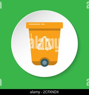 Recycle bin icon in flat style on round button. Trash can with recycling symbol arrows isolated on white. Stock Vector
