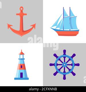 Ocean collection of icons in flat style. Marine symbols set including anchor, lighthouse, ship and steering wheel. Sea travel concept elements. Stock Vector