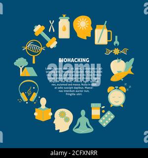 Biohacking round concept banner with icons in flat style. DIY biology theme poster. Vector illustration. Stock Vector