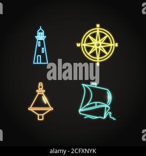Collection of ship and nautical icons in glowing neon style. Marine symbols set including compass rose, buoy, lighthouse and sailboat. Sea adventure c Stock Vector