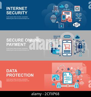 Modern flat thin line design vector illustration, infographic concept of internet security, network protection and secure online payments for graphic Stock Vector