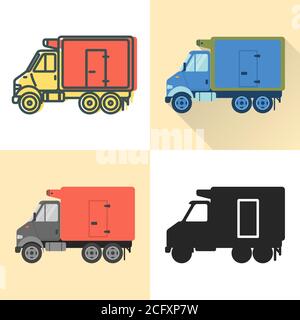 Refrigerator truck icon set in flat and line styles Stock Vector
