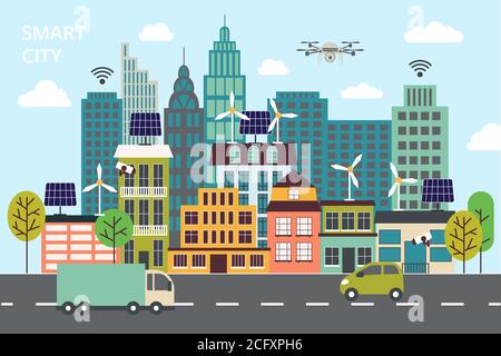 Modern flat line design, concept of smart city, technologies of future and urban innovations, for graphic and web design Stock Vector