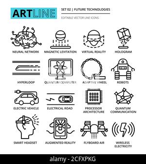 Modern editable vector line icons set of future technologies and development innovations, for graphic and web design Stock Vector