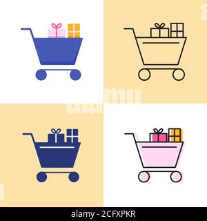 Shopping cart with presents icon set in flat and line styles Stock Vector