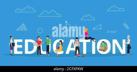 Modern flat design vector illustration, education concept with young people using laptop, smart phone and read book, and teachers, for graphic and web Stock Vector