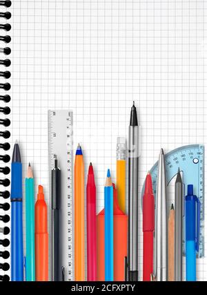 Notebook and suppliesNotebook, pens and pencils on white background Stock Photo