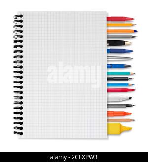 Notebook, pens and pencils on white background Stock Photo