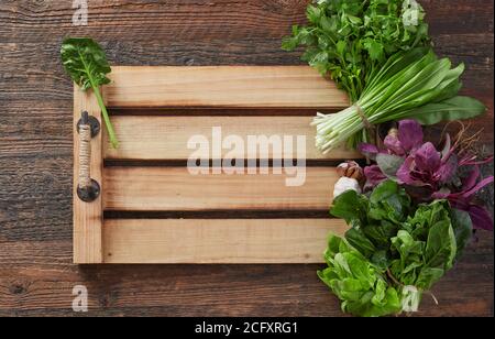 Herb leafs on wood table Stock Photo