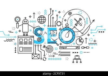 Modern flat thin line design vector illustration, concept seo optimization in search engine, for graphic and web design Stock Vector