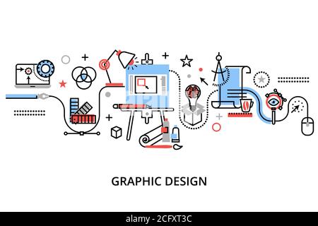 Modern flat thin line design vector illustration, infographic concept of graphic design, designer items and tools, and design development process, for Stock Vector