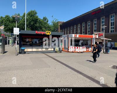 Street food vendors kiosks next to the Dusseldorf train station. Dusseldorf, North Rhine-Westphalia / Germany. Stock Photo