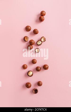 Flat lay composition with cracked macadamia nuts on pink background, top view with copyspace. Vertical photo Stock Photo