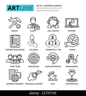 Modern editable line vector illustration, set of internet company services and clients support icons, for graphic and web design Stock Vector