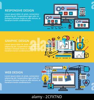Modern editable flat line vector set of abstract web design process, responsive and graphic design Stock Vector