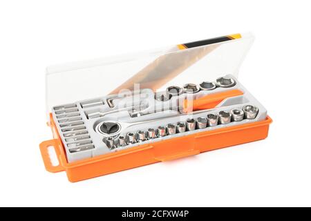 Box with construction tools isolated on white background Stock Photo